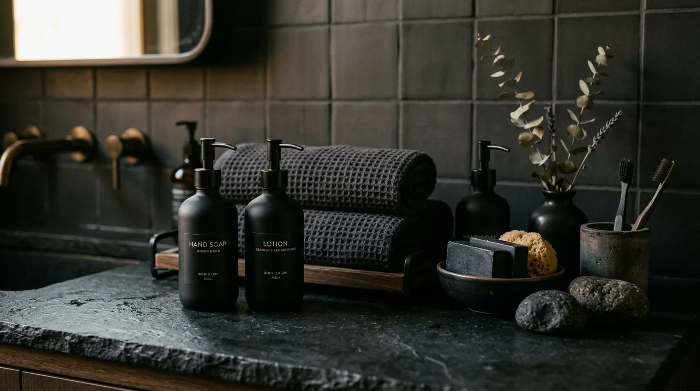 Style the countertop with tonal accessories inspiration for a black bathroom.